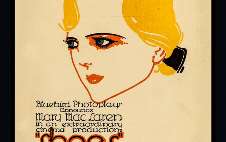 Detail from a promotional poster for the 1916 silent film “Shoes” directed by Lois Weber. It features a dramatic and minimalist caricature drawing of the film’s blonde star Mary MacLaren rendered mostly in gold and red ink.